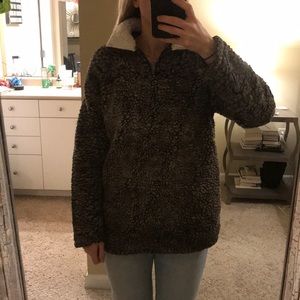 Brown and white faux Sherpa quarter zip pull over